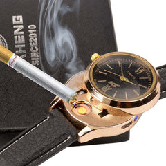 Rechargeable USB Lighter Watch - Date Clock Electronic Men's Casual Quartz Wristwatch Windproof Flameless Cigarette Lighter