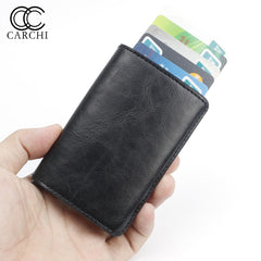 Leather Card Bag Antimagnetic RFID Antitheft Metal Alloy Men Credit Card Holder Automatic Pop Up Men Wallets Card Case - Shopiment